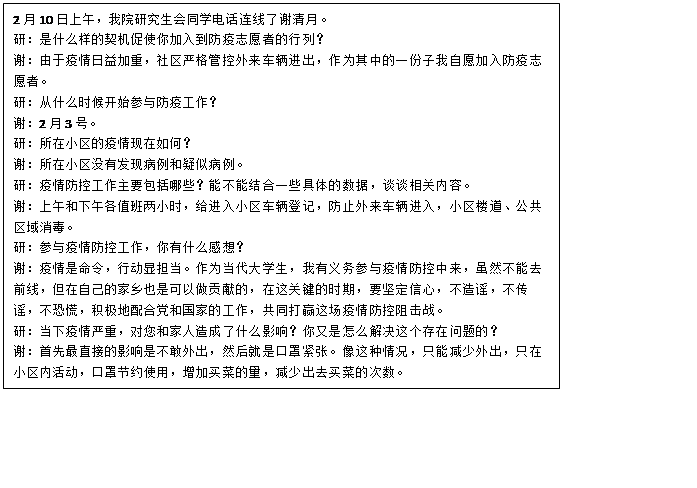 文本框: 2月10日上午，番茄社区
研究生会同学电话连线了谢清月。研：是什么样的契机促使你加入到防疫志愿者的行列？谢：由于疫情日益加重，社区严格管控外来车辆进出，作为其中的一份子我自愿加入防疫志愿者。研：从什么时候开始参与防疫工作？谢：2月3号。研：所在小区的疫情现在如何？谢：所在小区没有发现病例和疑似病例。研：疫情防控工作主要包括哪些？能不能结合一些具体的数据，谈谈相关内容。谢：上午和下午各值班两小时，给进入小区车辆登记，防止外来车辆进入，小区楼道、公共区域消毒。研：参与疫情防控工作，你有什么感想？谢：疫情是命令，行动显担当。作为当代大学生，我有义务参与疫情防控中来，虽然不能去前线，但在自己的家乡也是可以做贡献的，在这关键的时期，要坚定信心，不造谣，不传谣，不恐慌，积极地配合党和国家的工作，共同打赢这场疫情防控阻击战。研：当下疫情严重，对您和家人造成了什么影响？你又是怎么解决这个存在问题的？谢：首先最直接的影响是不敢外出，然后就是口罩紧张。像这种情况，只能减少外出，只在小区内活动，口罩节约使用，增加买菜的量，减少出去买菜的次数。